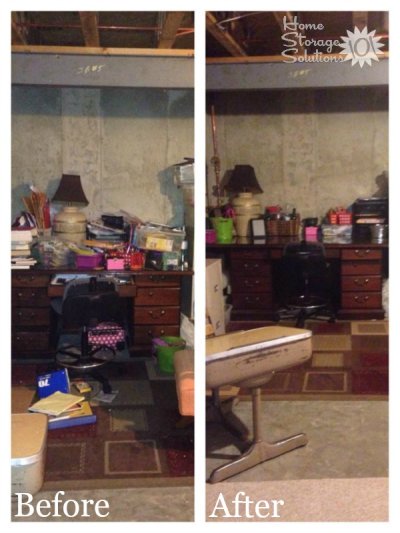 Before and after when declutter basement desk area {featured on Home Storage Solutions 101}