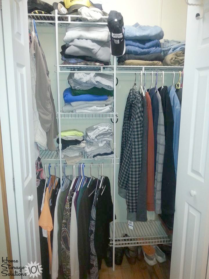 Decluttered closet shelves and hanging clothes, from a reader, Lorraine, featured on Home Storage Solutions 101