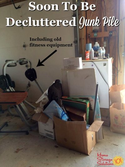 Junk pile, including old fitness equipment, that is gathered for #decluttering {part of the #Declutter365 missions on Home Storage Solutions 101}