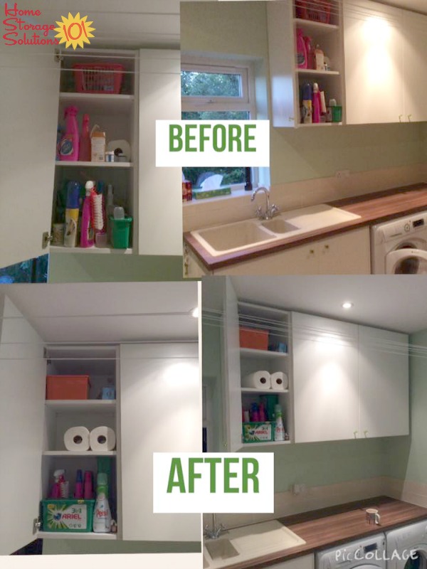 Before and after pictures when Jenny, a reader, did the #Declutter365 mission to remove clutter from laundry shelves and cabinets {on Home Storage Solutions 101}
