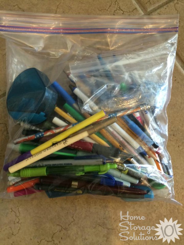 Bag of pencils and pens to donate to the middle school from a reader, Holly, while she did the #Declutter365 missions on Home Storage Solutions 101