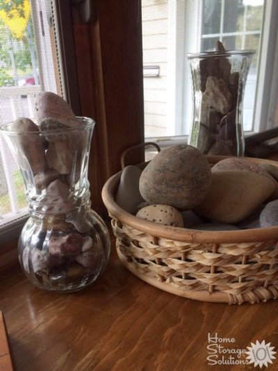Repurposed vase to hold sentimental collectibles for display, specifically rocks collected by her son {featured on Home Storage Solutions 101}
