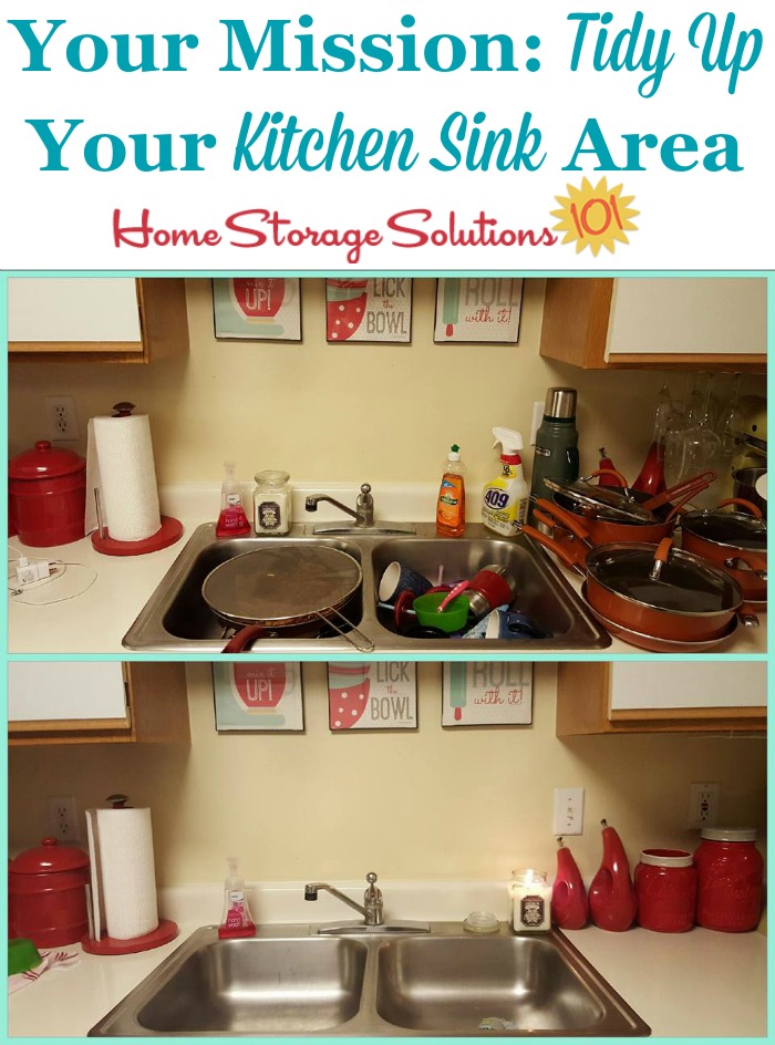The first step in #decluttering your kitchen sink area is to tidy up, and wash dirty dishes, pots and pans. Here's a before and after showing how just this small task can make a huge difference in your kitchen! {on Home Storage Solutions 101} #KitchenCleaning #CleaningTips