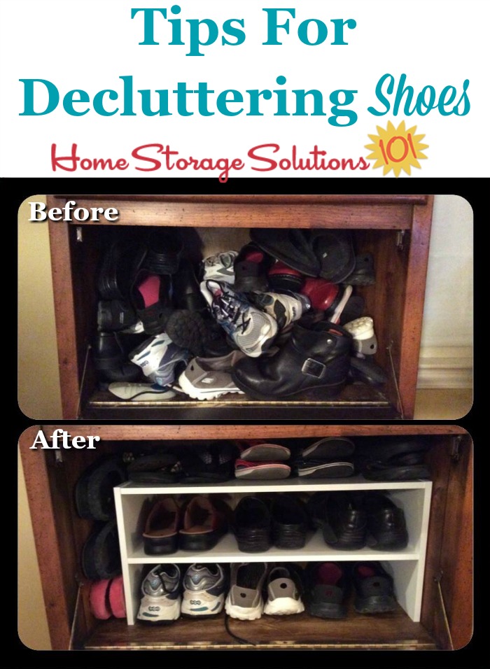 Tips for decluttering shoes from your closet and the entryway, plus guidelines for how many shoes to keep for both adults and kids when you declutter {on Home Storage Solutions 101}