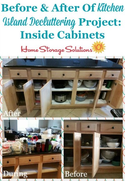 Before and after of a kitchen island decluttering project, removing clutter from storage areas inside the kitchen island {featured on Home Storage Solutions 101}