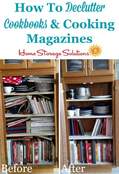 How to declutter cookbooks and cooking magazines, with criteria to consider plus lots of before and after photos to get you inspired {a #Declutter365 mission on Home Storage Solutions 101}