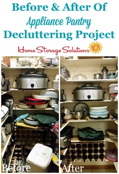 Before and after photos of an appliance pantry decluttering project as part of the #Declutter365 missions, from a reader, Anne {featured on Home Storage Solutions 101}