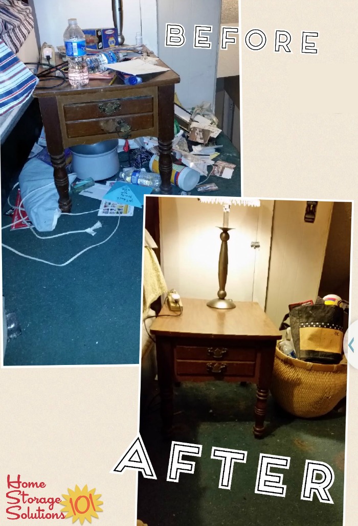 Before and after when Kimberly took the Declutter 365 mission to declutter her nightstand {on Home Storage Solutions 101}