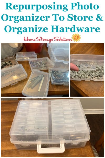 Repurposed photo organizer used to store and organize hardware {featured on Home Storage Solutions 101}