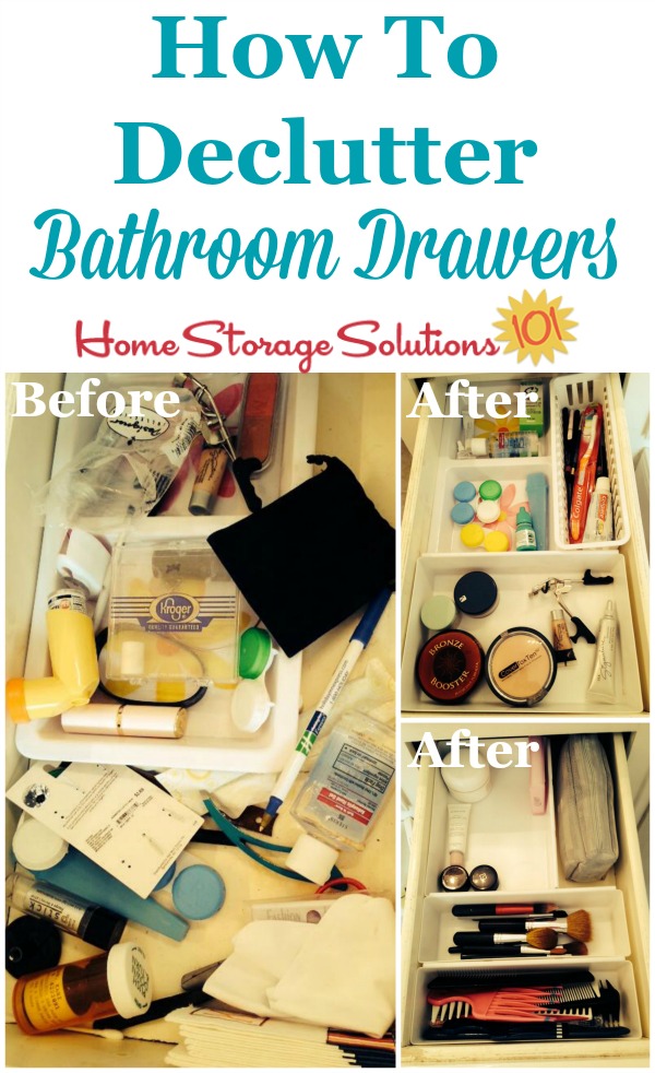 Before and after photos showing how to declutter bathroom drawers to get them organized and functional {featured on Home Storage Solutions 101}