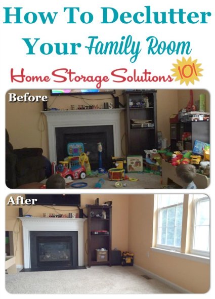 How to declutter your family room, including lots of before and after photos from readers who've already done this #Declutter365 mission {on Home Storage Solutions 101}