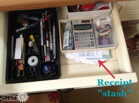 You need to have a more organized system for your receipts than a 'receipt stash' because this will lead to paper clutter. Here's how to organize and declutter receipts {on Home Storage Solutions 101}