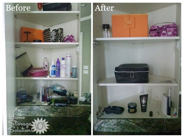 Before and after when a reader, Laurie, decluttered her bathroom cabinet {featured on Home Storage Solutions 101}