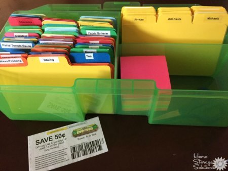 Use a coupon box to organize your coupons. The one pictured is a MyCouponKeeper {featured on Home Storage Solutions 101}