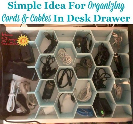 Use a honeycomb drawer organizer to help you organize and separate cables and cords in your desk drawer {featured on Home Storage Solutions 101}
