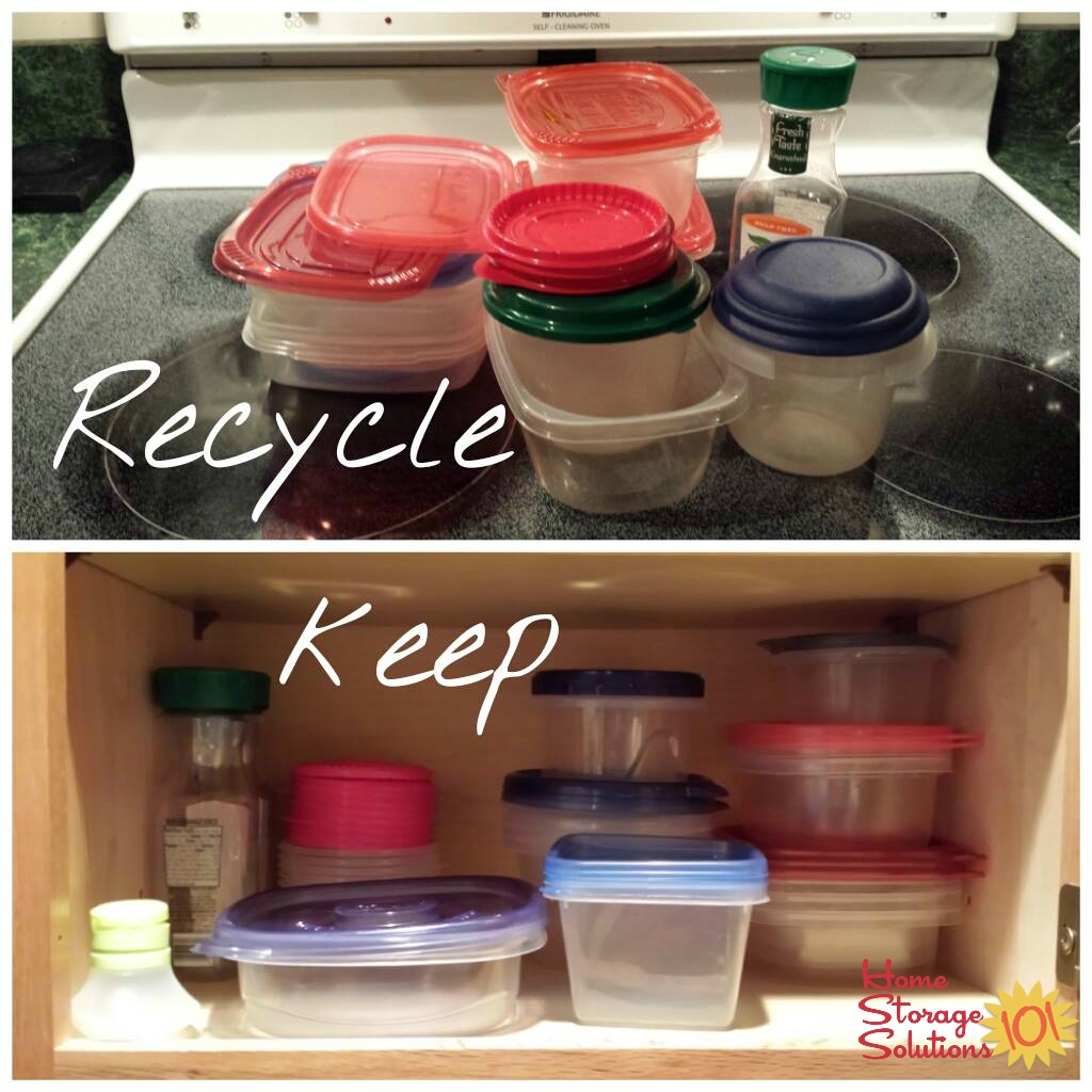 What Kelly decided to keep versus to recycle when doing the food storage containers decluttering mission on Home Storage Solutions 101