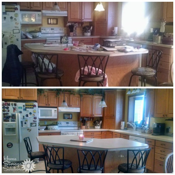 Before and after when a reader, Misty, decluttered her kitchen island as part of the #Declutter365 missions on Home Storage Solutions 101.