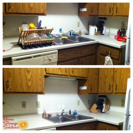 Before and after photos when decluttered kitchen sink area, including removing foldable dish drainer {on Home Storage Solutions 101} #Declutter365