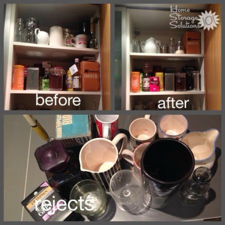 Before and after photos from decluttering kitchen cabinet holding vases, as well as coffee and tea {featured on Home Storage Solutions 101}