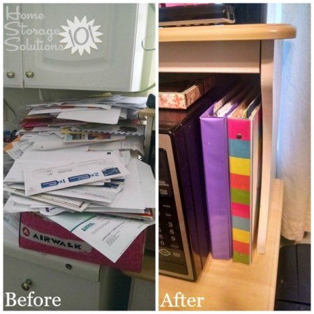 Before and after when a reader, Jennifer, decluttered her junk mail pile on her kitchen counter {featured on Home Storage Solutions 101}