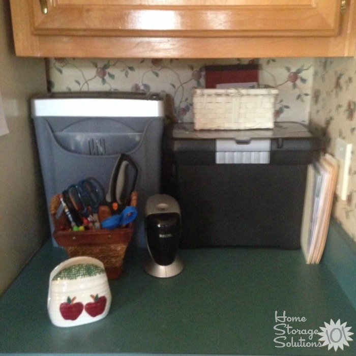 Home mail organizer center, including small file box and home shredder {featured on Home Storage Solutions 101}