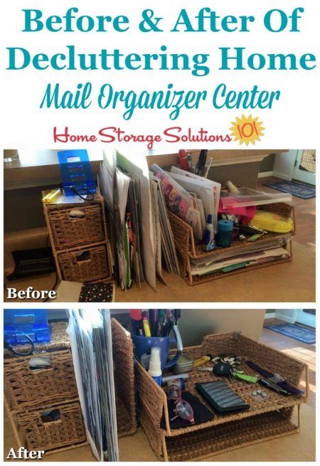 Before and after when #decluttering home mail organizer center {featured on Home Storage Solutions 101} #MailOrganizer #Declutter