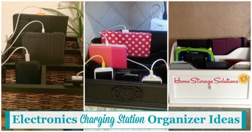 Lots of electronics charging station organizer ideas for your home, to charge all kinds of electronic devices from phones, tablets, portable games, GPS devices and more, and hide those cords! {on Home Storage Solutions 101}