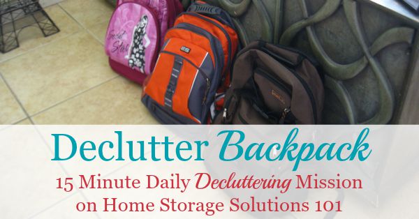 How to declutter your kids' backpacks once, for the huge declutter project, and then how to get in the habit of doing it daily so it doesn't get cluttered ever again. Includes tips for dealing with school papers daily as well {part of the Declutter 365 missions on Home Storage Solutions 101}
