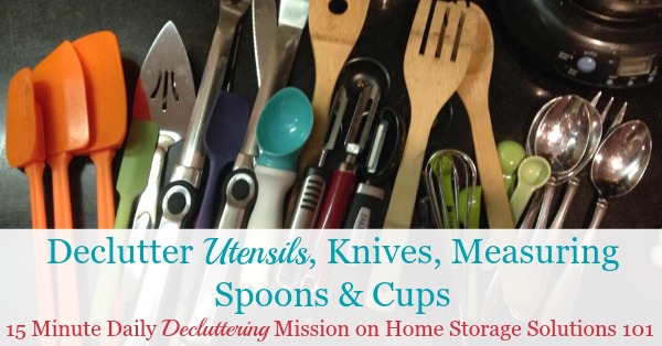 How to #declutter utensils, kitchen knives, measuring cups and spoons and other kitchen gadgets, including lots of before and after photos from readers who've already done this #Declutter365 mission {on Home Storage Solutions 101} #KitchenOrganization