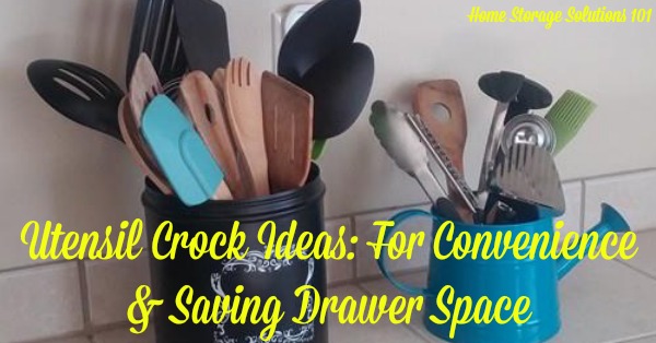 Utensil crock ideas and real-life examples for holding your cooking tools on your kitchen counter {on Home Storage Solutions 101}