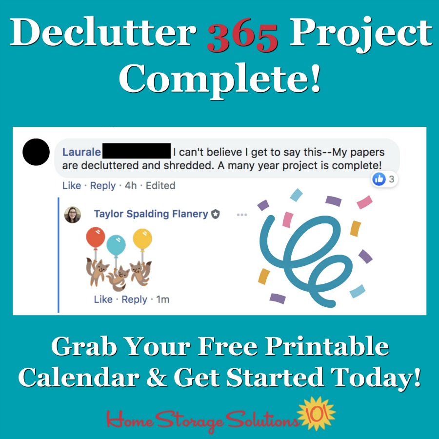 Celebrating a Declutter 365 project of decluttering and shredding papers getting completed! {on Home Storage Solutions 101} #Declutter365 #PaperClutter #PaperOrganization