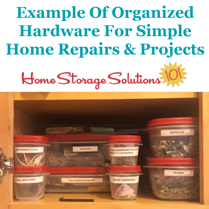 Example of how to organize hardware for DIY projects and home repairs around your home {on Home Storage Solutions 101}