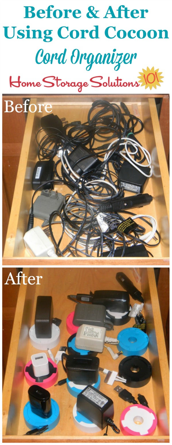 How to organize a drawer full of cords and cables using a cord organizer, such as the Cord Cocoon {featured on Home Storage Solutions 101}