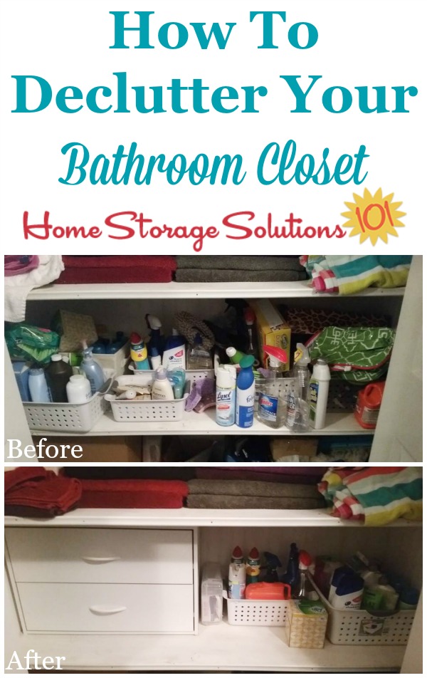 How to declutter your bathroom closets or cabinets, including lots of before and after photos when the clutter is removed {on Home Storage Solutions 101}