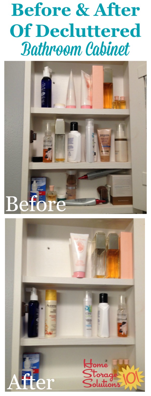 Before and after of decluttered bathroom cabinets {featured on Home Storage Solutions 101}