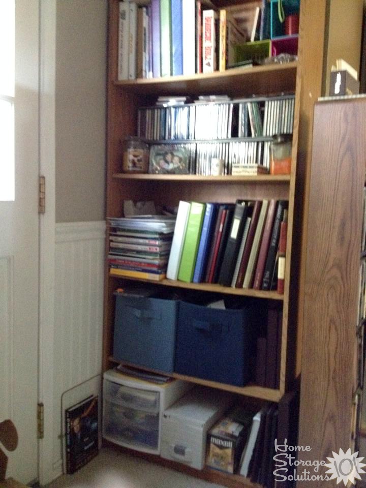 Decluttered and organized bookshelf shown by a reader, Kathryn {featured on Home Storage Solutions 101}