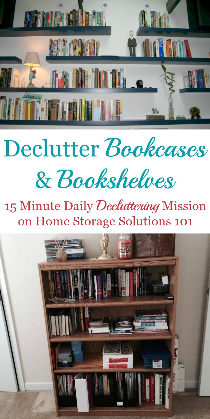 How to #declutter bookcases and bookshelves in your home, of both books and other items {on Home Storage Solutions 101} #Decluttering #BookOrganization