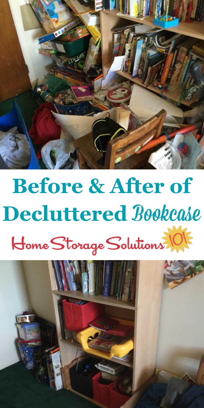 Before and after photos of decluttered bookcase {featured on Home Storage Solutions 101} Before and after photos of decluttered bookcase {featured on Home Storage Solutions 101} #Declutter365 #ClutterControl #Declutter