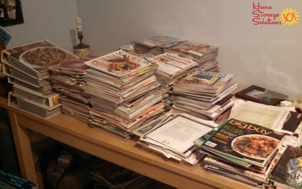 Lots of cooking magazines in the process of reviewing for decluttering {featured on Home Storage Solutions 101}