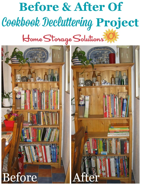 Before and after of Jennifer's cookbook decluttering project {featured on Home Storage Solutions 101}