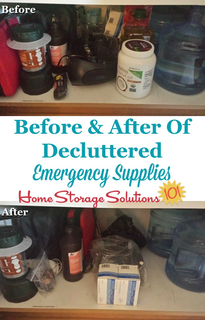 Before and after photos from a reader, Seena, who replenished and decluttered her emergency supplies so everything would be fresh if needed {part of the #Declutter365 missions on Home Storage Solutions 101} #EmergencyPreparedness #EmergencyPrep