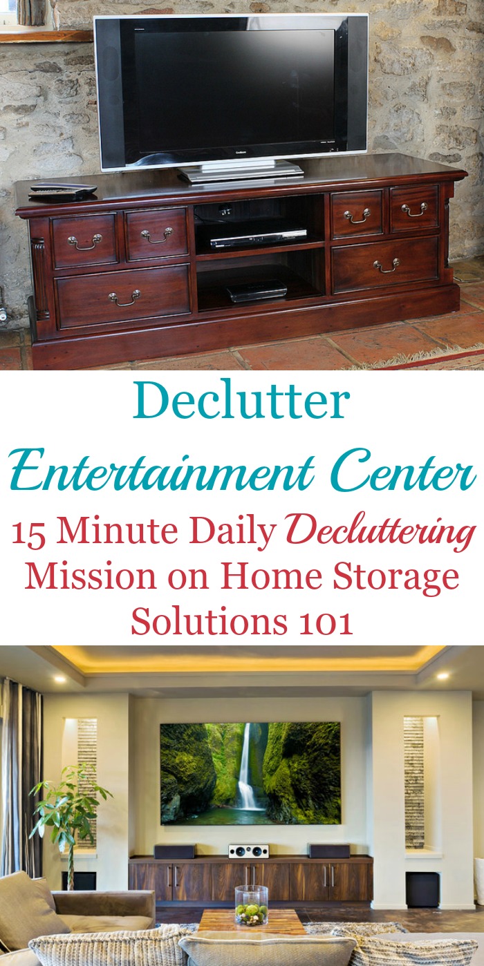 How to #declutter your entertainment center or entertainment room, with photos from readers who've already done the mission {part of the #Declutter365 missions on Home Storage Solutions 101} #decluttering