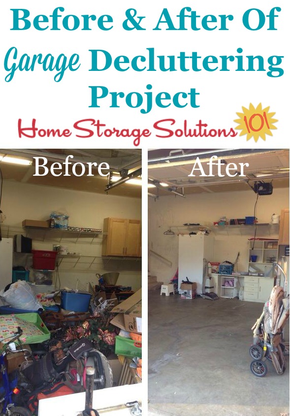 Before and after collage of Jessica's garage decluttering project {featured on #Declutter365 missions on Home Storage Solutions 101}