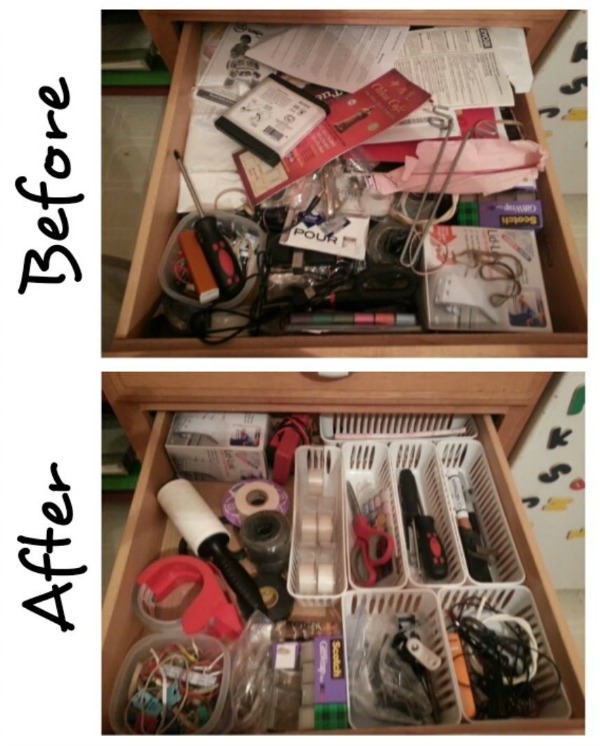 Decluttered junk drawer, showing before and after, from a reader Katie, who did the #Declutter365 mission on Home Storage Solutions 101.