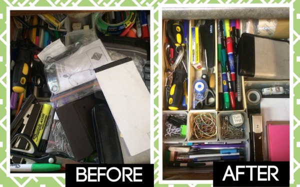 Before and after of junk drawer decluttering project from Maggy, who did the #Declutter365 mission on Home Storage Solutions 101.