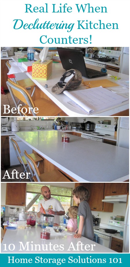 Real life when #decluttering kitchen counters, and how to create a 'daily reset' to keep them clear most of the time {on Home Storage Solutions 101} #Declutter365 #Declutter