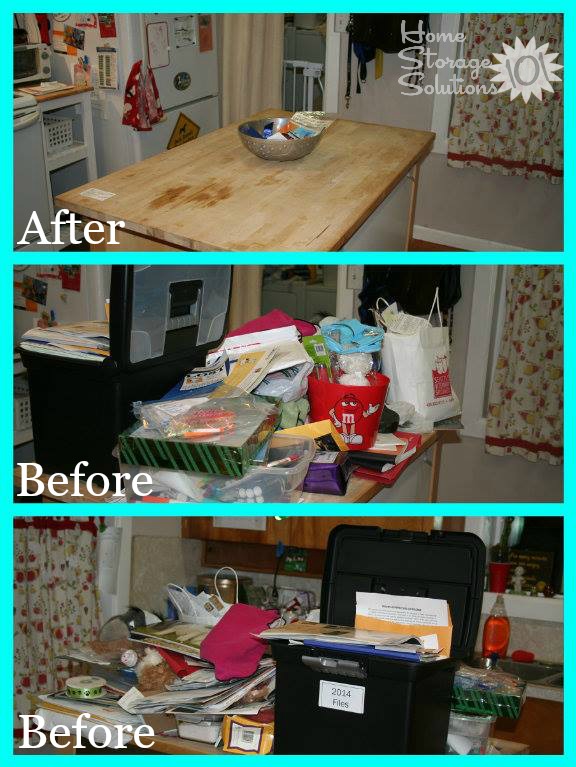 Before and after photos from Elizabeth who cleared her kitchen island and said it reduced so much stress to cook in a clutter free kitchen {featured on Home Storage Solutions 101}