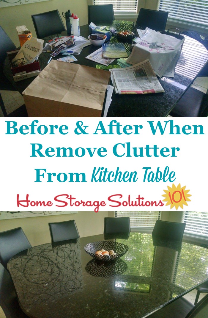 Before and after photos when clear off #clutter from your kitchen table {part of the #Declutter365 missions on Home Storage Solutions 101} #KitchenOrganization