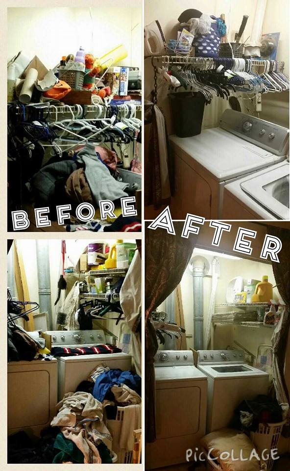 Before and after collage when Kimberly decluttered her laundry room as part of the #Declutter365 missions {featured on Home Storage Solutions 101}