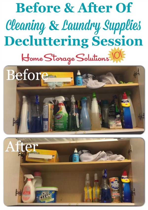 Before and after of laundry supplies and cleaning cabinet when a reader, Adrianne, did the #Declutter365 mission to get rid of laundry supplies clutter {on Home Storage Solutions 101}